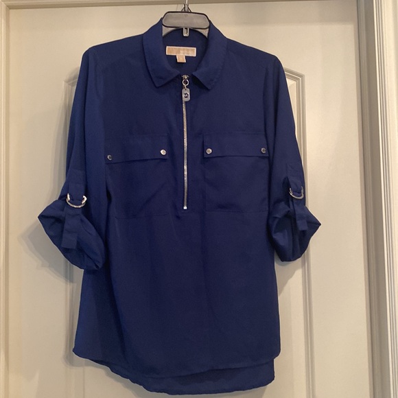 MICHAEL KORS Navy Blue with Silver accents & Front Zipper Blouse Size Medium - Picture 3 of 8
